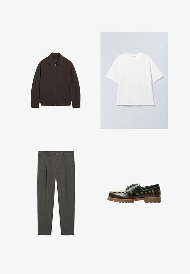 Donkerbruine zip-up jacket met kraag, lange mouwen, twee zijzakken en een rechte zoom, weergegeven op een witte achtergrond.; Witte katoenen T-shirt met een ronde halslijn en korte mouwen. Ontspannen pasvorm zonder zichtbare patronen of accenten. Soepele textuur.; Grijze op maat gemaakte broek met een streeppatroon, geplooide voorkant, zijzakken en een knoopsluiting. Gemaakt van geweven stof, met een soepele textuur.; Bruine en groene leren bootschoen met een witte gestikte design, ronde veters en een gestructureerde rubberen zool. Duurzame constructie met metalen veteroogjes.