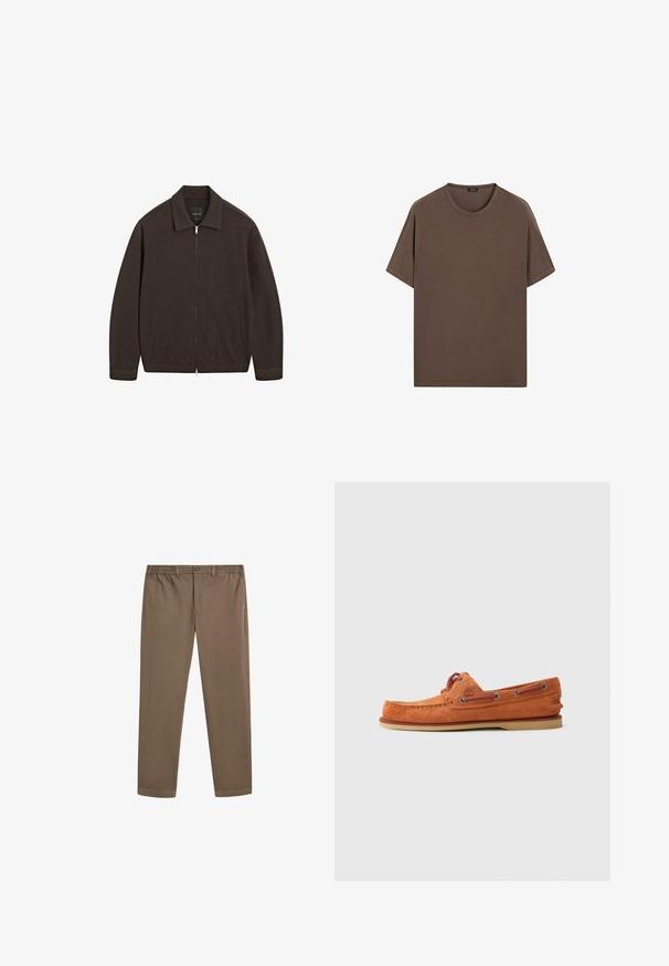 Dunkelbraune Zip-Jacke mit Kragen, langen Ärmeln, zwei seitlichen Taschen und geradem Saum, auf einem weißen Hintergrund präsentiert.; Braunes Baumwoll-T-Shirt mit Rundhalsausschnitt und kurzen Ärmeln. Einfaches Design mit gleichmäßiger Textur und lockerer Passform. Keine Muster oder Akzente.; Braune Baumwollchinos mit geradem Bein, elastischem Bund und Vordertaschen. Glatte Textur und minimale Nahtdetails.; Oranges Wildlederschuh mit runder Zehenform, kontrastierenden Schnürsenkeln, dekorativen Nähten und einer Gummisohle. Seitenansicht mit minimalen Details.