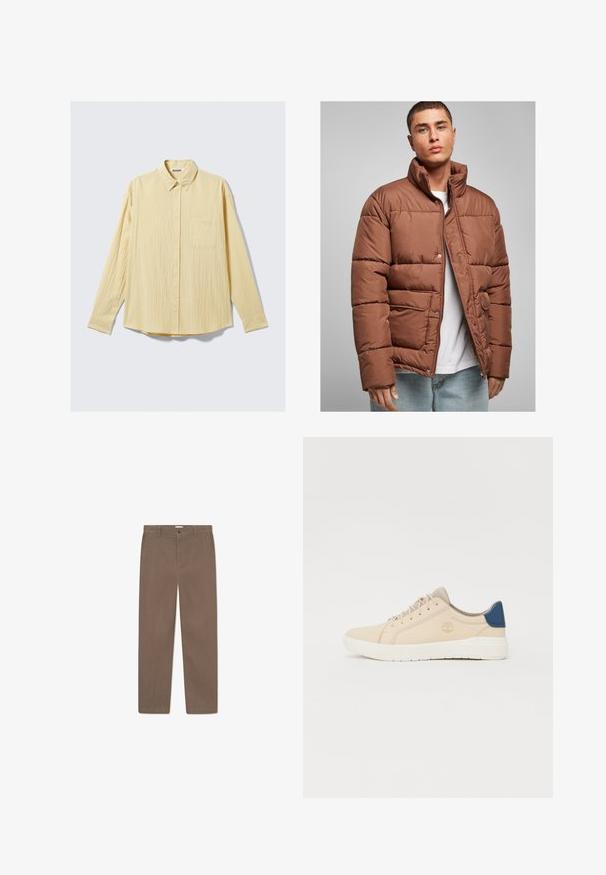 Giacca imbottita marrone con colletto alto, bottoni a pressione e tasca frontale. Texture liscia e forma quadrata, indossata sopra una camicia bianca.; Camicia a maniche lunghe con bottoni in morbido tessuto giallo, caratterizzata da una finitura texturizzata, colletto e una singola tasca sul lato sinistro del petto.; Pantaloni dritti marroni con una texture liscia, dotati di chiusura con bottone, passanti per cintura e tasche laterali. Non sono visibili motivi prominenti.; Sneakers beige in suede, con suola bianca, lacci beige e un dettaglio blu sul tallone. Logo impresso di lato.