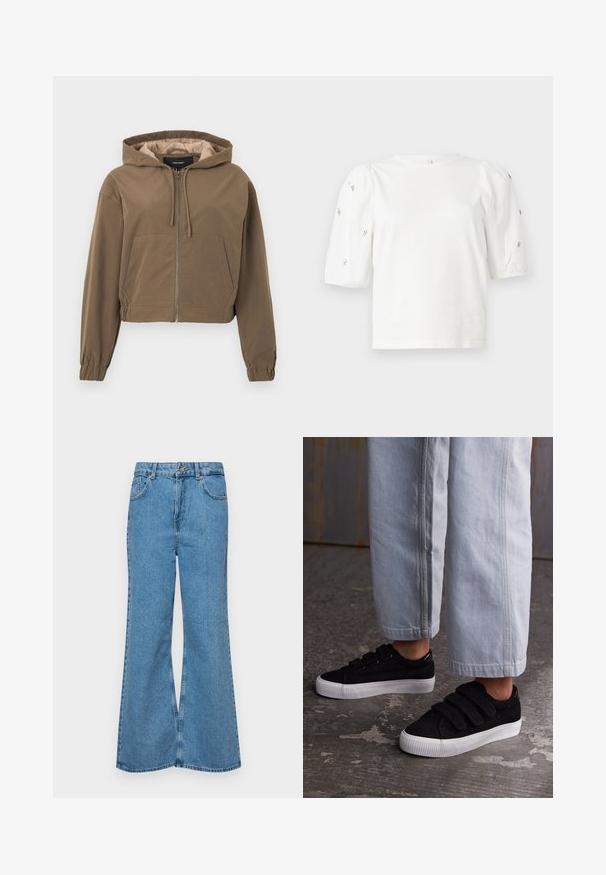 Brown cropped hoodie with a front zipper, drawstring hood, elastic cuffs, and a kangaroo pocket. Smooth fabric with a matte finish.; White cotton t-shirt with short puff sleeves, featuring small silver embellishments along the sleeves. Classic round neckline, relaxed fit.; Light blue flared jeans made of denim, featuring a high waist, five pockets, and a single button closure. Soft texture with faded finish.; Black corduroy sneakers with three Velcro straps and a textured upper. Low-profile white rubber sole. Worn with light blue cropped trousers.