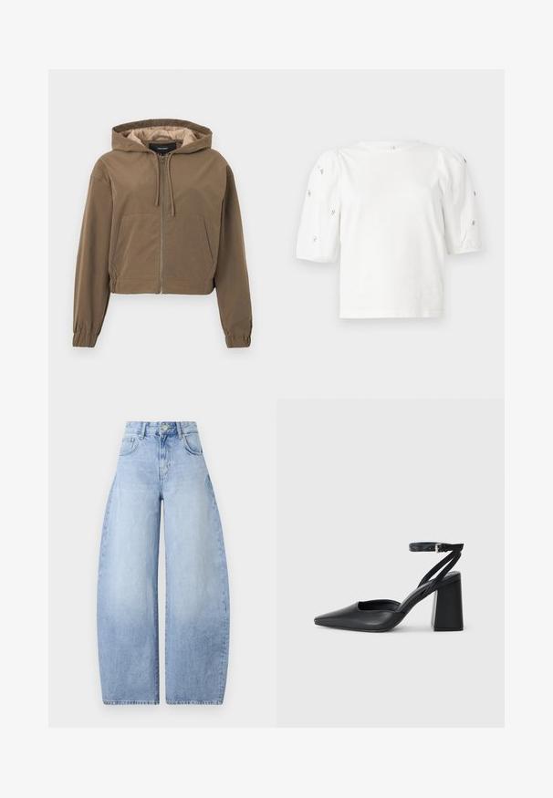 Brun cropped hettegenser med glidelås foran, snorhette, elastiske mansjetter og kengurulomme. Glatt stoff med en matte overflate.; Hvit bomull T-skjorte med korte pufferm, med små sølvdekorasjoner langs ermene. Klassisk rund hals, avslappet passform.; Lys blå, vide jeans laget av denim. Høy midje-design med fem lommer og knapplukking. Ren finish uten synlige mønstre.; Svart lær pumps med spiss tå, ankelrem og kraftig hæl. Flat tekstur, strømlinjeformet design og minimalisme.