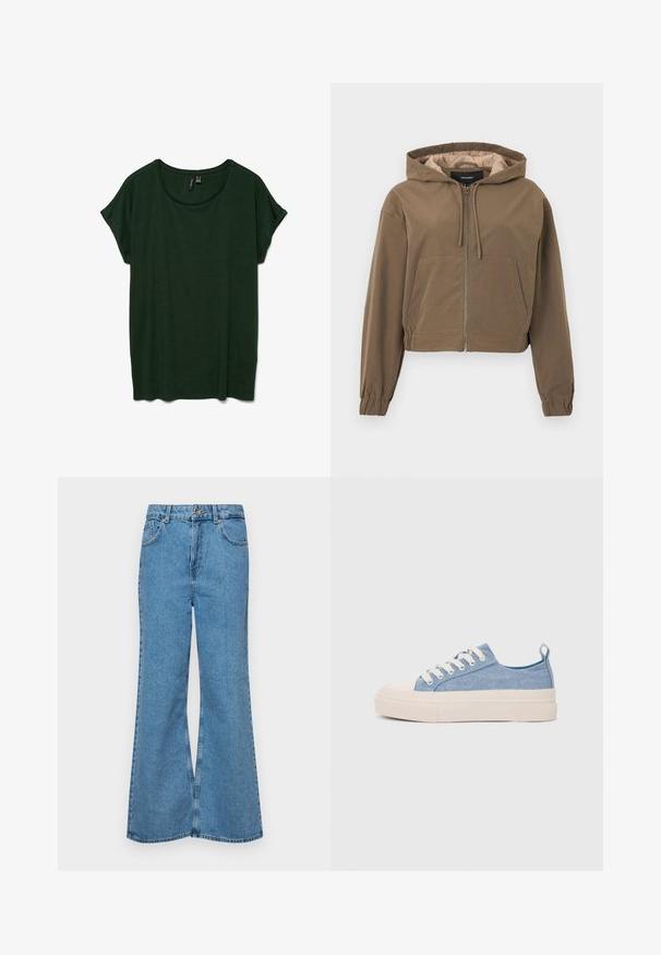 Brun cropped hettegenser med glidelås foran, snorhette, elastiske mansjetter og kengurulomme. Glatt stoff med en matte overflate.; MørkegrønnT-skjorte med korte ermer, rund hals og avslappet passform. Myk tekstur, uten synlige mønstre eller detaljer.; Lyseblå vide jeans laget av denim, med høyt liv, fem lommer og en enkelt knappelukking. Myk tekstur med falmet finish.; Lys blå canvastøfler med en kremfarget gummitupp og yttersåle, med hvite snørebånd og en løfteløkke på hælen.