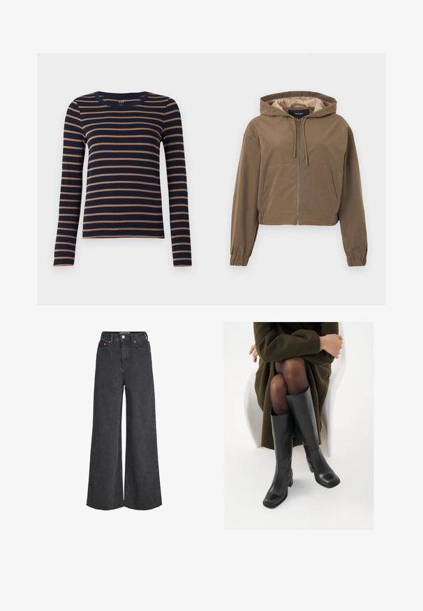 Barna, rövidített kapucnis pulóver, elülső cipzárral, húzózsinórral a kapucniban, rugalmas mandzsettákkal és kenguruzsebbel. Simább anyag matt felülettel.; Hosszú ujjú sötétkék ing barna vízszintes csíkokkal és kerek nyakkivágással, fehér háttér előtt kiállítva.; Magas derekú fekete, bőszárú farmernadrág elülső gombbal és cipzárral, öt zsebbel és nyers széllel.; Térdfelett érő fekete bőr csizmák négyzet alakú orral és tömbtalppal, olajzöld kabátban ülő modellel bemutatva. Simaság, minimalista részletezés.
