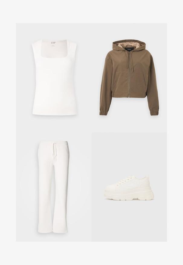 Brown cropped hoodie with a front zipper, drawstring hood, elastic cuffs, and a kangaroo pocket. Smooth fabric with a matte finish.; White sleeveless top with a square neckline. Smooth, stretchy fabric with a fitted shape. Tag labeled "GAP" at the back inside neck.; White, relaxed-fit sweatpants made of soft fabric, featuring an elastic waistband with a drawstring and straight-leg design.; White canvas sneaker with a chunky sole, rounded toe, and five eyelets for laces. Back tab for easy wear. Smooth texture, minimalist design.
