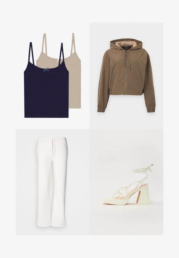 Barna, rövidített kapucnis pulóver, elülső cipzárral, húzózsinórral a kapucniban, rugalmas mandzsettákkal és kenguruzsebbel. Simább anyag matt felülettel.; Két bordázott trópusi felső, az egyik tengerészkék kék masnival, a másik krémszínű ezüst masnival, állítható pántokkal és texturált felülettel.; Fehér, laza szabású melegítőnadrág, puha anyagból készült, rugalmas derékkal és zsinórral, egyenes szárú kialakítással.; Fehér, magassarkú szandál vastag sarokkal, pántos dizájnnal és bokapánttal. Sima textúra, elülső platformmal a megnövelt magasság érdekében.