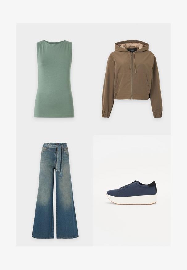Brun cropped hoodie med lynlås foran, snørrelseshætte, elastiske manchetter og en kængurulomme. Glat stof med mat finish.; Ærmeløs grøn top lavet af blødt stof, med en rund halsudskæring og tætsiddende form. Minimalistisk design uden mønstre eller udsmykninger.; Bredbens-denimbukser med en lys til mørk blå gradient, høj talje, bælteløkker og et matchende stofbælte. Tekstureret denimfinish.; Mørkeblå sneakers med en struktureret stofoverdel, hvid platformssål, rund tå og sort hælakkent. Har seks snøreøjer til snørebånd.