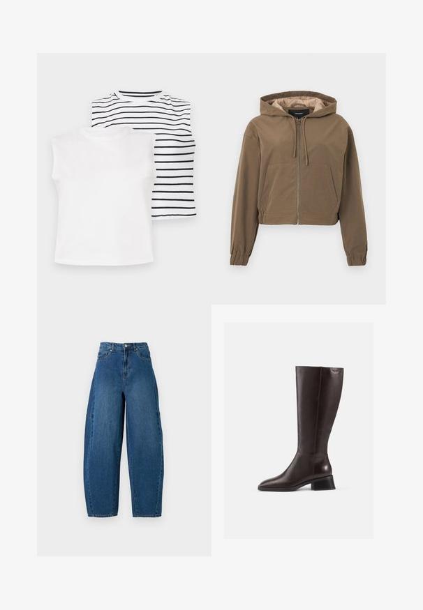 Hanorac scurt, de culoare maro, cu fermoar frontal, glugă cu șnur, manșete elastice și buzunar tip kangaroo. Material neted cu finisaj mat.; Două bluze fără mâneci: una albă uniformă, cealaltă cu dungi negre orizontale pe un fond alb. Material moale, gât rotund.; Jeans din denim cu o nuanță medie de albastru, având talie înaltă, tăietură cu picioare largi și un design standard cu cinci buzunare, cu detalii de cusătură vizibile.; Botine din piele maro, până la genunchi, cu finisaj neted, vârf rotund și toc negru, stratificat. Design simplu, cu detalii hardware minime.