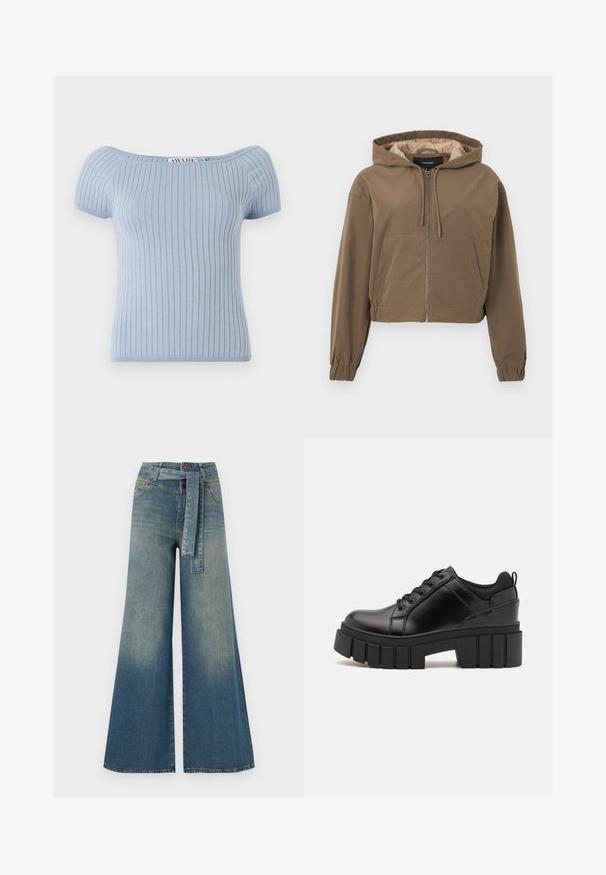 Barna, rövidített kapucnis pulóver, elülső cipzárral, húzózsinórral a kapucniban, rugalmas mandzsettákkal és kenguruzsebbel. Simább anyag matt felülettel.; Világoskék bordázott kötött felső rövid puffos ujjakkal és válltól elálló nyakkivágással. Egyenes vonalvezetésű, sima tapintású.; Bőszárú farmernadrág, világos és sötétkék árnyalatokkal, magas derekú, övgyűrűkkel és a nadrággal megegyező anyagú övvel. Textúrált farmer kivitel.; Fekete bőr platform cipők vaskos blokk sarkakkal, kerek orral és hagyományos fűzős kialakítással. Simára csiszolt felület és minimális részletezés jellemzi.