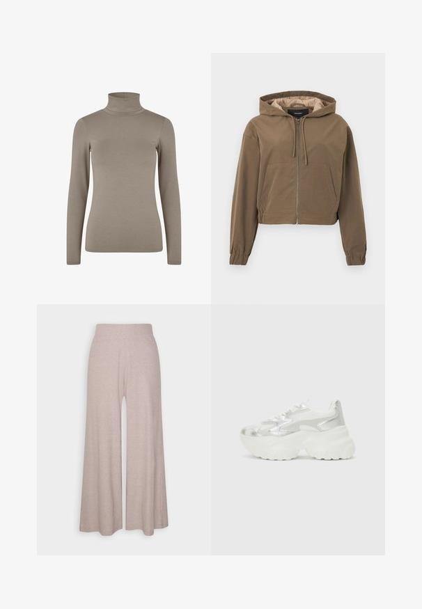 Ruskea lyhyt huppari, jossa on etuvetoketju, nyörihuppu, joustavat hihansuut ja kengurupussi. Sileä kangas, jossa on matta pinta.; Beige korkeakaulus, pitkät hihat, joustava ribbikangas, istuva malli, vähäiset saumat, pehmeä pinta, sopii kerrospukeutumiseen.; Vaaleanharmaat, leveälahkeiset housut, jotka on valmistettu pehmeästä, nauhakoristeisesta kankaasta. Housuissa on korkea vyötärö ja täyspitkät lahkeet, joissa on hieno tekstuuri.; Hopeat lenkkarit, joissa on teksturoitu verkkopinta ja hohtavat yksityiskohdat, chunky valkoinen pohja ja nauhakiinnitys.