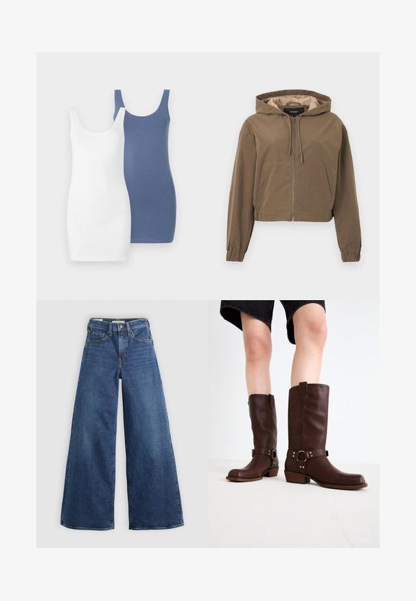 Brown cropped hoodie with a front zipper, drawstring hood, elastic cuffs, and a kangaroo pocket. Smooth fabric with a matte finish.; Two tank dresses, one white and one blue, made from soft, stretchy fabric with a scoop neckline and fitted shape.; Wide-leg blue denim jeans with five pockets, a button closure, and contrast stitching, featuring a soft and textured finish.; Brown leather knee-high boots with a rounded toe, textured surface, ankle strap, and silver hardware detail; stacked heel.
