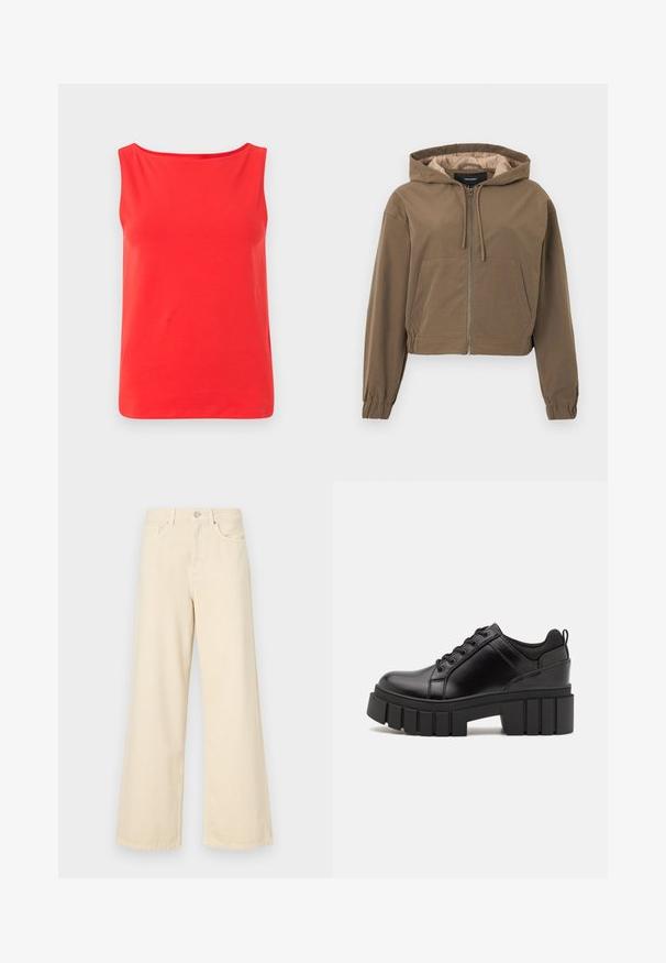 Rudas sutrumpintas džemperis su priekine užtrauktuku, kapučinu su raišteliu, elastinėmis rankovėmis ir kengūrinėmis kišenėmis. Sklandus audinys su matinio paviršiumi.; Raudonas rankovių neturintis marškinėlis su plačiu iškirpimu ir laisvu siluetu, pagamintas iš minkštos, kvėpuojančios medžiagos. Nėra matomų raštų ar detalių.; Bežinės plačios kojos džinsai, pagaminti iš medvilnės. Turintys sagos uždarymą, diržo kilpas ir priekinės kišenes su lygia, švelnia tekstūra.; Juodi odiniai platformos batai su masyviu blokuota kulniuku, apvalia nosimi ir tradiciniu šnypštimo dizainu. Turintys glotnų paviršių ir minimalų dekoravimą.