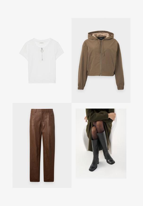 Brūns īss kapucis ar priekšējo rāvējslēdzēju, regulējamu kapuci, elastīgām piedurknēm un kabatu priekšpusē. Gluda auduma tekstūra ar matētu apdari.; Balta ribota īsā piedurkne krekls ar rāvējslēdzēju un sudraba gredzenveida vilkšanas mehānismu. Apaļa kakla izgriezums un brīva piegriezuma stils, izgatavots no mīksta auduma.; Brūni ādas bikses ar gludu tekstūru, taisnas kāju dizains un divas sānu kabatas. Iezīmes redzamas šuvju detaļas.; Ceļgalu augstuma melni ādas zābaki ar kvadrātu purngalu un bloku papēdi, attēloti modelī, kurš sēž olīvu zaļā mētelī. Gluda tekstūra, minimāla apdare.