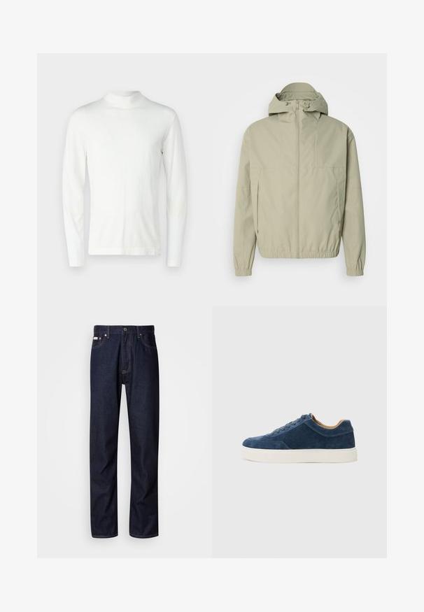 Lichtgroene windbreaker jas met een capuchon, elastische manchetten en een rits aan de voorkant. Soepele textuur met een minimalistisch ontwerp en geen zichtbare patronen.; Witte turtleneck met lange mouwen, gemaakt van zachte stof. Heeft een aansluitend ontwerp en naadloze schouders, met een gladde textuur.; Donkerblauwe denim jeans met een rechte snit, voorzien van een knoopsluiting, vijf zakken en contrasterende stiksels.; Blauwe suède sneaker met witte rubberen zool, vetersluiting, ronde neus en contrasterend tan interieur. Subtiele stiksels.