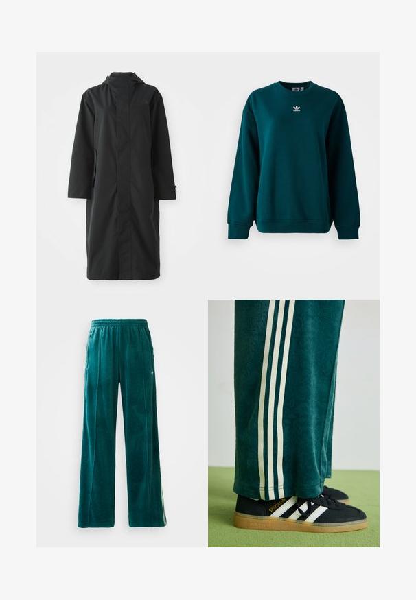 Corta-vento preto feito de material resistente à água, com um colarinho alto, mangas longas, design minimalista e bolsos laterais.; Sweatshirt Adidas de cor verde escuro com mangas longas e logotipo branco da Adidas centrado no peito, exibido sobre um fundo branco.; Calças de jogging em veludo teal com um corte solto, cintura elástica, bolsos laterais e um padrão de textura subtil. Apresenta riscas contrastantes ao longo dos lados.; Calças verdes texturizadas com riscas laterais brancas, combinadas com ténis Adidas pretos com três riscas brancas e sola de borracha.