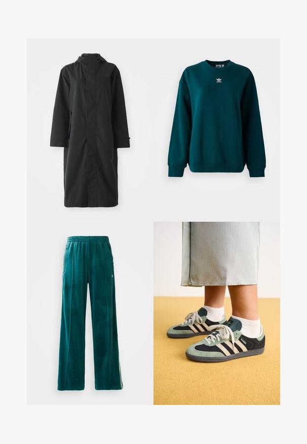 Svart regnrock tillverkad av vattentåligt material, med hög krage, långa ärmar, minimalistisk design och sidofickor.; Mörkgrön Adidas-tröja med långa ärmar och vitt Adidas-logotyp centrerad på bröstet, uppvisad mot en vit bakgrund.; Turkosa velour-joggers med lös passform, elastisk midja, sidofickor och subtilt mönster. Har kontrasterande ränder längs sidorna.; Gröna och svarta mockasneakers med krämfärgade ränder, med en texturerad överdel och snörstängning, på en gul bakgrund.