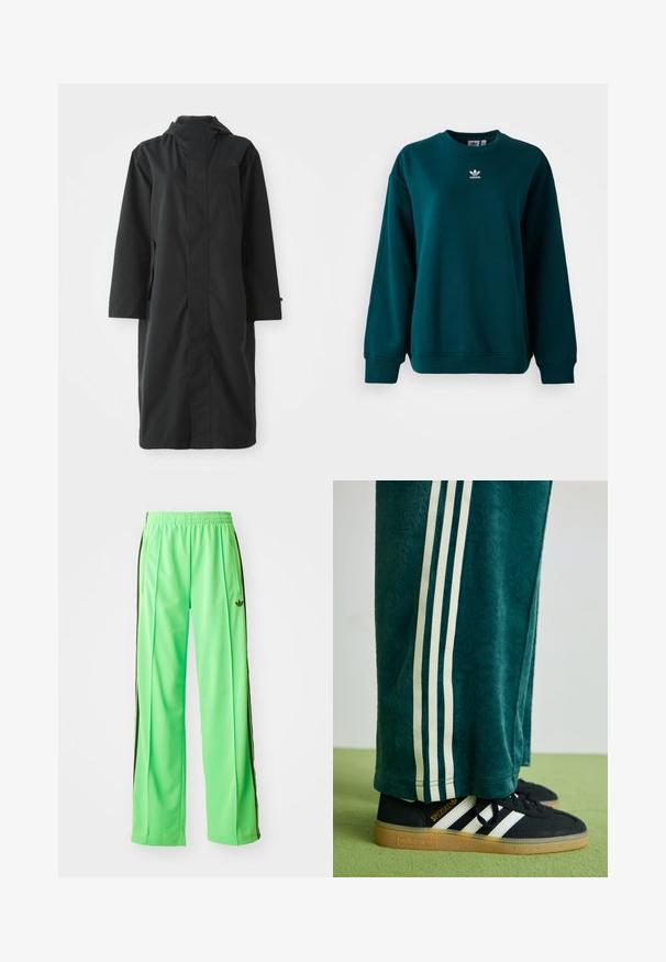 Čierny nepremokavý kabát vyrobený z materiálu odolného voči vode, s vysokým golierom, dlhými rukávmi, minimalistickým dizajnom a bočnými vreckami.; Tmavo zelená mikina Adidas s dlhými rukávmi a bielym logom Adidas umiestneným na hrudi, vystavená na bielom pozadí.; Zelené športové nohavice z hladkého, ľahkého materiálu, s čiernymi bočnými pruhmi a vyšitým logom na prednej strane.; Zelené textúrované nohavice s bielymi bočnými pruhmi, skombinované s čiernymi teniskami Adidas s tromi bielymi pruhmi a gumovou podrážkou.