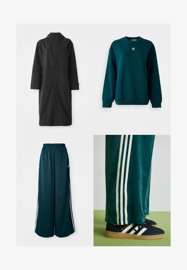 Melnas lietusmētelis, izgatavots no ūdensizturīga materiāla, ar augstu apkakli, garām piedurknēm, minimālistisku dizainu un sānu kabatām.; Tumši zaļš Adidas džemperis ar garām piedurknēm un baltu Adidas logo centrā uz krūtīm, attēlots uz baltā fona.; Tirkīza krāsas plaša kāju sporta bikses ar elastīgu jostu, kurām pa malām ir trīs baltas svītras un kreisajā pusē ir Adidas logotips.; Zaļi teksturēti bikses ar baltām sānu svītrām, kombinētas ar melniem Adidas sporta apaviem, kuriem ir trīs baltas svītras un gumijas zole.