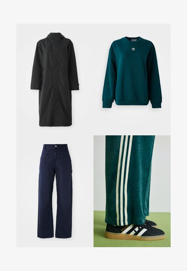 Impermeabile nero realizzato in materiale resistente all'acqua, con colletto alto, maniche lunghe, design minimalista e tasche laterali.; Felpa nera con maniche lunghe Adidas di colore verde scuro, con il logo Adidas bianco centrato sul petto, presentata su uno sfondo bianco.; Pantaloni cargo a gamba larga blu navy in un robusto tessuto di cotone, con tasche laterali e chiusura con bottone in vita.; Pantaloni verdi strutturati con strisce bianche sui lati, abbinati a sneakers nere Adidas con tre strisce bianche e suola in gomma.