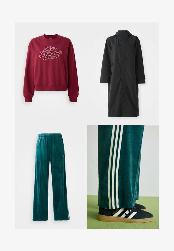 Zwarte regenjas gemaakt van waterafstotend materiaal, met een hoge kraag, lange mouwen, een minimalistisch ontwerp en zijzakken.; Bordeaux sweatshirt met een ronde hals, voorzien van een witte "New Balance" logo en de tekst "Athletics". Rib gebreide manchetten en zoom, zacht materiaal.; Teal velours joggers met een losse pasvorm, elastische tailleband, zijzakken en een subtiel textuurpatroon. Voorzien van contrasterende strepen langs de zijkanten.; Groene textuur broek met witte zijkanten, gecombineerd met zwarte Adidas sneakers met drie witte strepen en een rubberen zool.