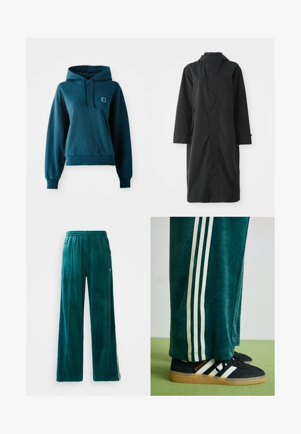 Czarny płaszcz przeciwdeszczowy wykonany z wodoodpornego materiału, z wysokim kołnierzem, długimi rękawami, minimalistycznym designem i kieszeniami bocznymi.; Turkusowa bluza z kapturem, wykonana z miękkiego materiału, z regulowanym kapturem, prążkowanymi mankietami i dołem oraz małą naszywką z logo na piersi.; Turkusowe dresy z weluru o luźnym kroju, elastycznym pasie, bocznych kieszeniach i subtelnej teksturze. Posiadają kontrastowe paski po bokach.; Zielone spodnie o fakturze z białymi paskami po bokach, połączone z czarnymi butami Adidas z trzema białymi paskami i gumową podeszwą.