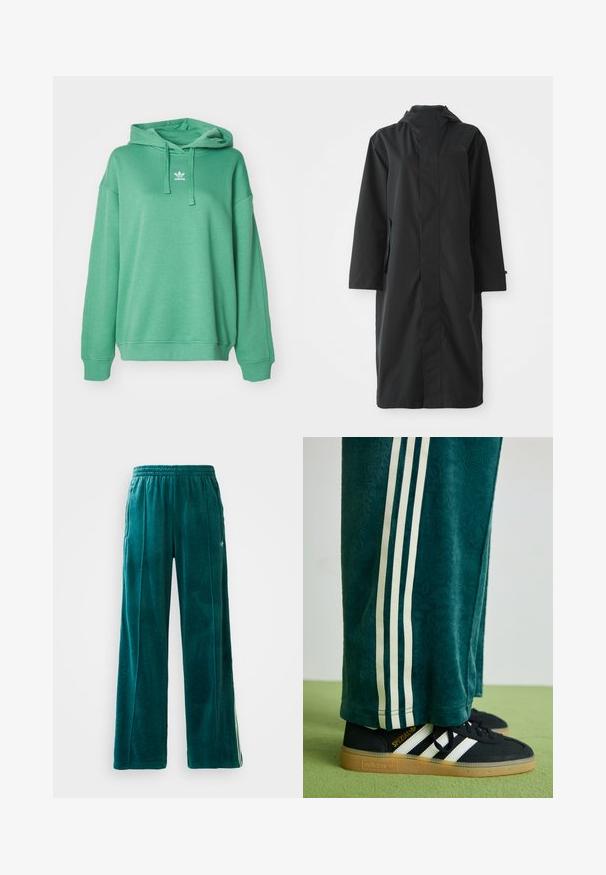 Corta-vento preto feito de material resistente à água, com um colarinho alto, mangas longas, design minimalista e bolsos laterais.; adidas Originals HOODIE - Camisola - preloved green; Calças de jogging em veludo teal com um corte solto, cintura elástica, bolsos laterais e um padrão de textura subtil. Apresenta riscas contrastantes ao longo dos lados.; Calças verdes texturizadas com riscas laterais brancas, combinadas com ténis Adidas pretos com três riscas brancas e sola de borracha.