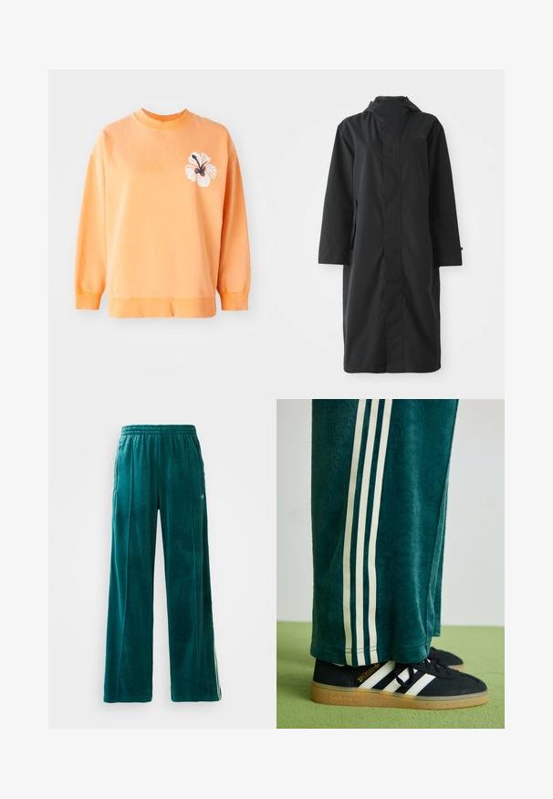 Svart regnrock tillverkad av vattentåligt material, med hög krage, långa ärmar, minimalistisk design och sidofickor.; Sweatshirt i mjuk orange bomull med rund hals och ribbade muddar. Har en vit blommig grafik på vänster sida.; Turkosa velour-joggers med lös passform, elastisk midja, sidofickor och subtilt mönster. Har kontrasterande ränder längs sidorna.; Gröna strukturerade byxor med vita sidostriper, i kombination med svarta Adidas-sneakers med tre vita striper och en gummisula.