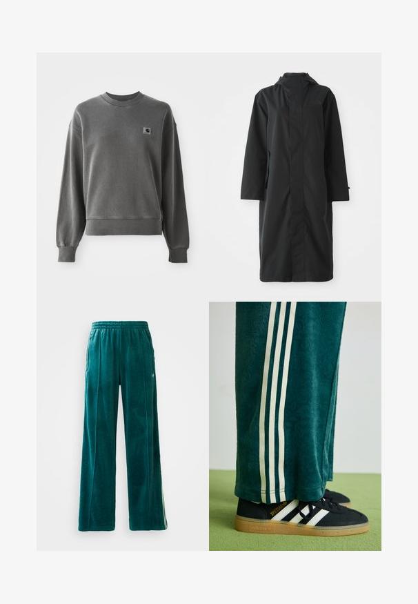 Impermeabile nero realizzato in materiale resistente all'acqua, con colletto alto, maniche lunghe, design minimalista e tasche laterali.; Pullover grigio in cotone morbido, con collo tondo, polsini a costine e una piccola etichetta con logo sul lato sinistro del petto.; Pantaloni jogger in velluto teal con vestibilità ampia, vita elastica, tasche laterali e una sottile texture. Presentano strisce a contrasto lungo i lati.; Pantaloni verdi strutturati con strisce bianche sui lati, abbinati a sneakers nere Adidas con tre strisce bianche e suola in gomma.