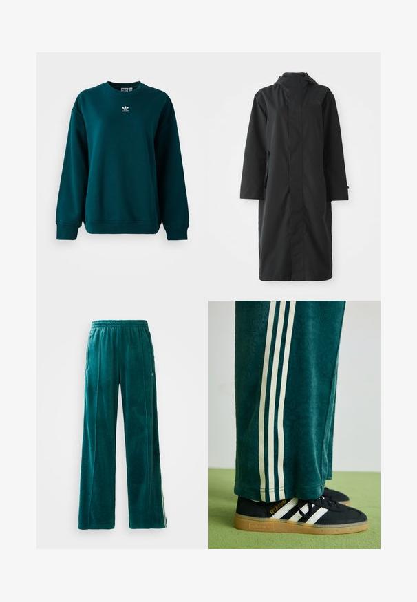 Corta-vento preto feito de material resistente à água, com um colarinho alto, mangas longas, design minimalista e bolsos laterais.; Sweatshirt Adidas de cor verde escuro com mangas longas e logotipo branco da Adidas centrado no peito, exibido sobre um fundo branco.; Calças de jogging em veludo teal com um corte solto, cintura elástica, bolsos laterais e um padrão de textura subtil. Apresenta riscas contrastantes ao longo dos lados.; Calças verdes texturizadas com riscas laterais brancas, combinadas com ténis Adidas pretos com três riscas brancas e sola de borracha.