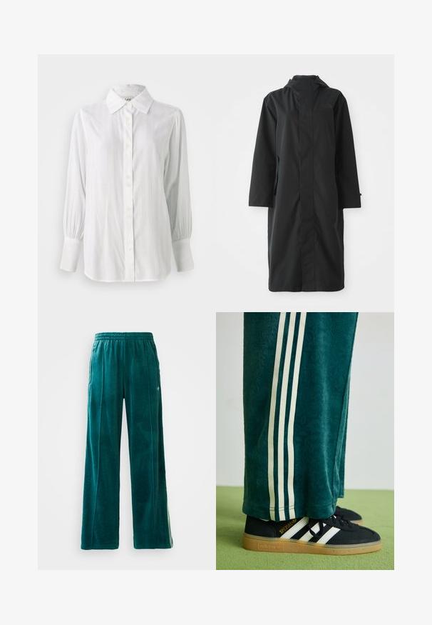 Black raincoat made from water-resistant material, featuring a high collar, long sleeves, a minimalist design, and side pockets.; White button-up shirt with vertical stripes, long puffed sleeves, and a classic collar. Features a row of five buttons down the front.; Teal velour joggers with a loose fit, elastic waistband, side pockets, and subtle texture pattern. Features contrasting stripes along the sides.; Green textured pants with white side stripes, paired with black Adidas sneakers featuring three white stripes and a gum sole.