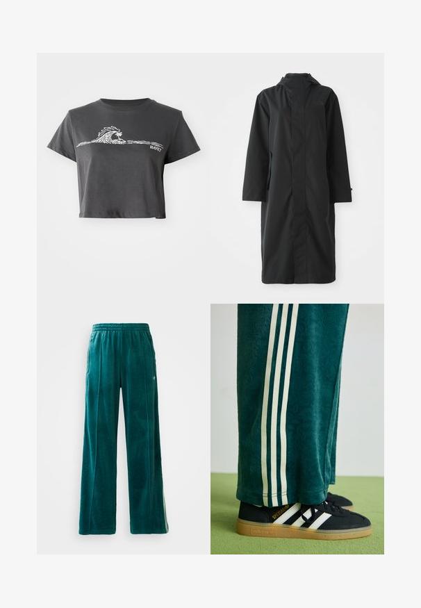 Black raincoat made from water-resistant material, featuring a high collar, long sleeves, a minimalist design, and side pockets.; Dark gray cropped T-shirt with white stylized wave, palm tree graphic, and "ROXY" text on the front.; Teal velour joggers with a loose fit, elastic waistband, side pockets, and subtle texture pattern. Features contrasting stripes along the sides.; Green textured pants with white side stripes, paired with black Adidas sneakers featuring three white stripes and a gum sole.