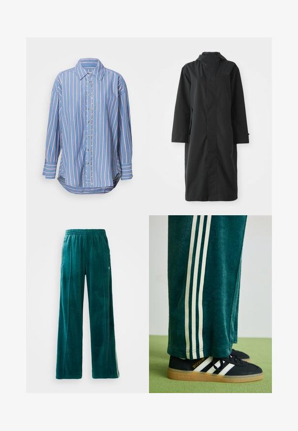 Črni dežni plašč iz vodoodpornega materiala, z visokim ovratnikom, dolgimi rokavi, minimalističnim dizajnom in stranskimi žepi.; Modra prugasta srajca s gumbi, ki ima rdeče in bele navpične črte, dolge rokave, zložljiv ovratnik in ukrivljen rob.; Teal velurne hlače za prosti čas s širokim krojem, elastičnim pasom, stranskimi žepi in subtilnim teksturnim vzorcem. Imajo kontrastne črte ob straneh.; Zelene teksturirane hlače z belimi stranskimi črtami, v kombinaciji s črnimi Adidas supergami, ki imajo tri bele črte in gumo podplat.