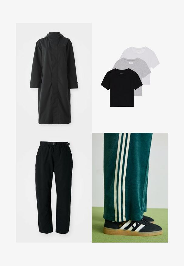 Zwarte regenjas gemaakt van waterafstotend materiaal, met een hoge kraag, lange mouwen, een minimalistisch ontwerp en zijzakken.; Set van drie korte mouwen t-shirts in zwart, grijs en wit. Gemaakt van katoen, met een ronde hals en een eenvoudig, effen kleurontwerp.; Zwarte lichtgewicht broek met een elastische tailleband en verstelbare riem. Kenmerkt zich door taps toelopende benen en versterkte knieën voor duurzaamheid.; Groene textuur broek met witte zijkanten, gecombineerd met zwarte Adidas sneakers met drie witte strepen en een rubberen zool.