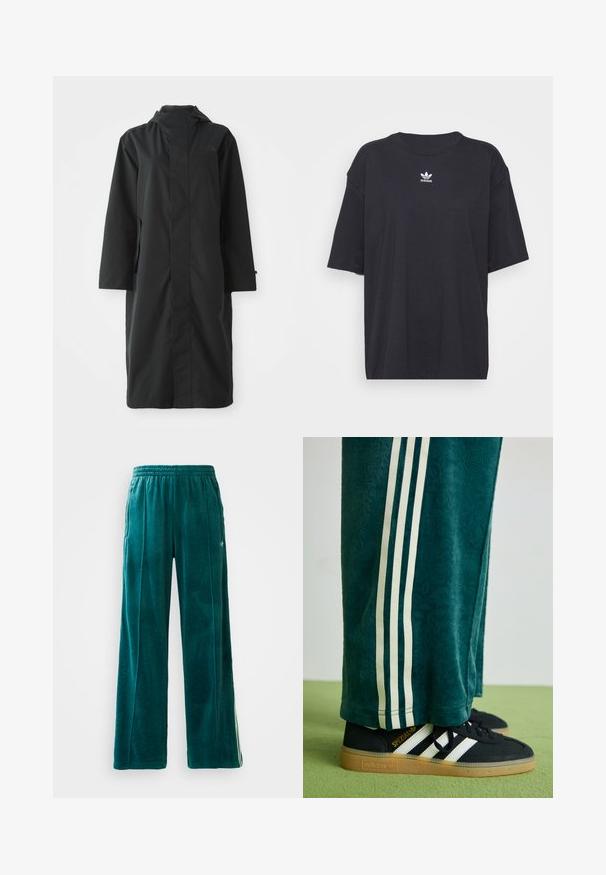 Crni kišni kaput izrađen od vodootpornog materijala, s visokim ovratnikom, dugim rukavima, minimalističkim dizajnom i bočnim džepovima.; Crna pamučna majica kratkih rukava, okruglog izreza, s bijelim Adidas logom na prsima. Jednostavan dizajn, opušteni kroj.; Teal velur joggerice s opuštenim krojem, elastičnim pojasom, bočnim džepovima i suptilnim uzorkom teksture. Ima kontrastne pruge sa strane.; Zelene teksturirane hlače s bijelim bočnim prugama, u paru s crnim Adidas tenisicama koje imaju tri bijele pruge i gumenim đonom.