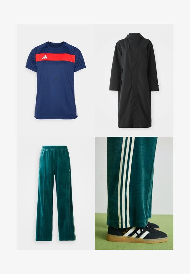 Schwarzer Regenmantel aus wasserabweisendem Material, mit hohem Kragen, langen Ärmeln, minimalistischen Design und seitlichen Taschen.; Dunkelblaues Sport-T-Shirt mit einem horizontalen roten Streifen über der Brust und drei weißen Streifen an den Ärmeln. Das Material ist glatt und leicht.; Türkise Velours-Jogginghosen mit lockerer Passform, elastischem Bund, seitlichen Taschen und feinem Strukturmuster. Mit kontrastierenden Streifen an den Seiten.; Grüne strukturierte Hose mit weißen Seitenstreifen, kombiniert mit schwarzen Adidas Turnschuhen, die drei weiße Streifen und eine Gummisohle haben.