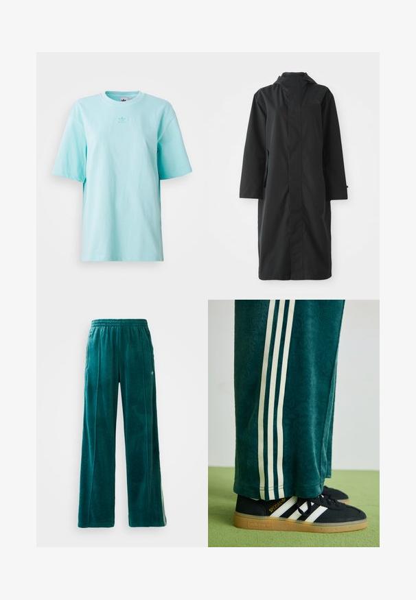 Črni dežni plašč iz vodoodpornega materiala, z visokim ovratnikom, dolgimi rokavi, minimalističnim dizajnom in stranskimi žepi.; Svetlo modra majica s kratkimi rokavi iz bombaža. Ima krožno izrezovanje in majhen logotip na prsih. Mehek material.; Teal velurne hlače za prosti čas s širokim krojem, elastičnim pasom, stranskimi žepi in subtilnim teksturnim vzorcem. Imajo kontrastne črte ob straneh.; Zelene teksturirane hlače z belimi stranskimi črtami, v kombinaciji s črnimi Adidas supergami, ki imajo tri bele črte in gumo podplat.