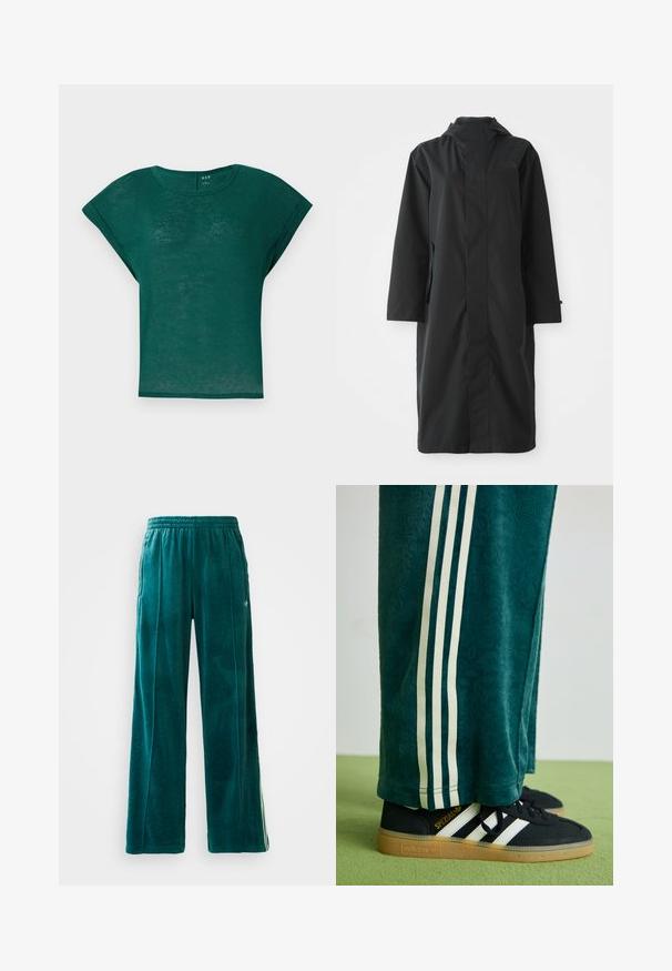 Sort regnjakke lavet af vandafvisende materiale, med højt krave, lange ærmer, minimalistisk design og sidelommer.; Teal grøn kortærmet skjorte med rund hals og afslappet pasform. Blødt, letvægtsstof med en let gennemsigtig tekstur.; Teal velour joggingbukser med en løs pasform, elastisk talje, sidelommer og subtil tekstur. Har kontrasterende striber langs siderne.; Grønne teksturerede bukser med hvide sidelince, parret med sorte Adidas sneakers med tre hvide striber og en gummisål.