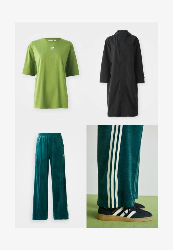 Must värvikas vihmakeep on valmistatud veekindlast materjalist, millel on kõrge krae, pikad varrukad, minimalistlik disain ja küljetaskud.; Roheline puuvillane T-särk lühikeste varrukatega, ümar kaelus ja valge Adidas logo rinnal. Sile tekstuur, mugav lõige.; Teal veluurist joggers lahtise lõikega, elastse vöökoha, küljetaskute ja peene tekstuurimustriga. Edasi toob esile kontrastsed triibud külgedel.; Rohelised tekstureeritud püksid valgete külgriidega, kombineeritud mustade Adidas jalgadega, millel on kolm valget triipu ja kummi tald.