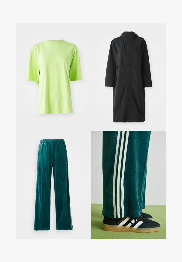 Must värvikas vihmakeep on valmistatud veekindlast materjalist, millel on kõrge krae, pikad varrukad, minimalistlik disain ja küljetaskud.; Lime roheline üle mõõtu T-särk, mis on valmistatud puuvillast, ümarate kaelustega ja lühikeste varrukatega. Rinnal väike valge Adidas'i logo.; Teal veluurist joggers lahtise lõikega, elastse vöökoha, küljetaskute ja peene tekstuurimustriga. Edasi toob esile kontrastsed triibud külgedel.; Rohelised tekstureeritud püksid valgete külgriidega, kombineeritud mustade Adidas jalgadega, millel on kolm valget triipu ja kummi tald.