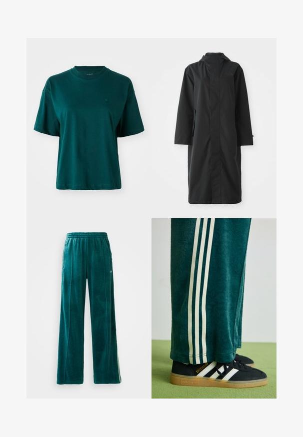 Czarny płaszcz przeciwdeszczowy wykonany z wodoodpornego materiału, z wysokim kołnierzem, długimi rękawami, minimalistycznym designem i kieszeniami bocznymi.; Ciemnozielona koszulka z krótkim rękawem, wykonana z bawełny, z okrągłym dekoltem i małym logo na lewej piersi. Prosty design.; Turkusowe dresy z weluru o luźnym kroju, elastycznym pasie, bocznych kieszeniach i subtelnej teksturze. Posiadają kontrastowe paski po bokach.; Zielone spodnie o fakturze z białymi paskami po bokach, połączone z czarnymi butami Adidas z trzema białymi paskami i gumową podeszwą.