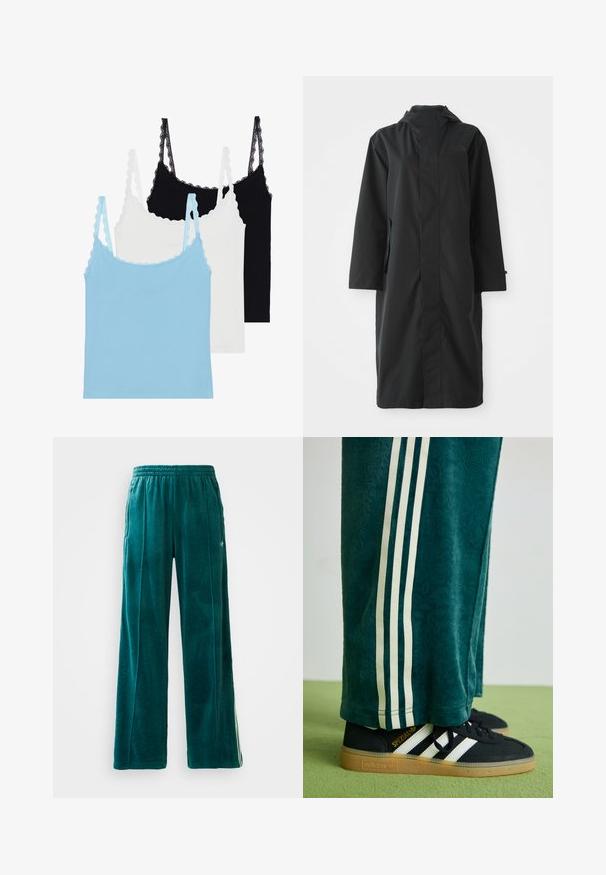 Must värvikas vihmakeep on valmistatud veekindlast materjalist, millel on kõrge krae, pikad varrukad, minimalistlik disain ja küljetaskud.; Kolm pitsist rihmadega sätendavat toppi: üks helesinine, üks valge ja üks must. Valmistatud pehmest materjalist, millel on kehakujuline lõige.; Teal veluurist joggers lahtise lõikega, elastse vöökoha, küljetaskute ja peene tekstuurimustriga. Edasi toob esile kontrastsed triibud külgedel.; Rohelised tekstureeritud püksid valgete külgriidega, kombineeritud mustade Adidas jalgadega, millel on kolm valget triipu ja kummi tald.