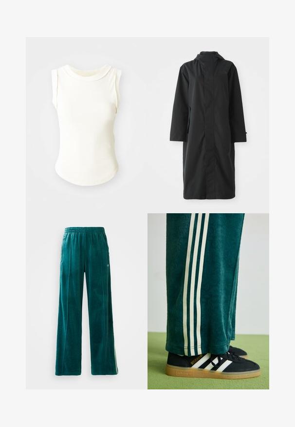 Svart regnfrakk laget av vannavstøtende materiale, med høy krage, lange ermer, minimalistisk design og sidelommer.; Hvit ribbestrikket utenermed rund halslinning, med en glatt tekstur og sømløse sider, designet for en tettsittende silhuett.; Teal velour joggesbukser med løs passform, elastisk midje, sidelommer og subtil teksturmønster. Har kontrasterende striper langs sidene.; Grønne teksturerte bukser med hvite sidelister, kombinert med sorte Adidas-sneakers med tre hvite striper og en gummisåle.