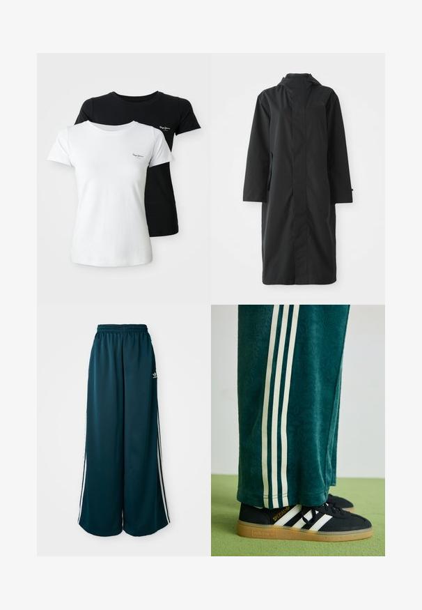 Černý deštník vyrobený z voděodolného materiálu, s vysokým límcem, dlouhými rukávy, minimalistickým designem a bočními kapsami.; Dvé trička s krátkým rukávem a kulatým výstřihem, jedno bílé a jedno černé, každé s malým vyšitým logem na levém hrudníku.; Tyrkysové široké tepláky s elastickým pasem, s třemi bílými pruhy po stranách a logem Adidas na levé straně.; Zelené texturované kalhoty s bílými bočními pruhy, spárované s černými teniskami Adidas se třemi bílými pruhy a gumovou podrážkou.