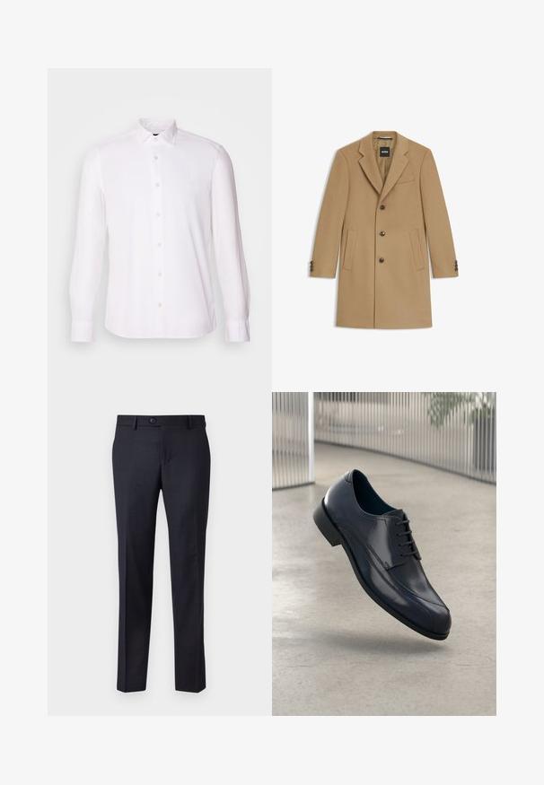 Cappotto in lana color cammello con rever a punta, quattro bottoni, due tasche anteriori e polsini abbottonati; texture liscia e design minimale.; Camicia bianca a maniche lunghe realizzata in tessuto morbido con colletto button-down, caratterizzata da un logo discreto e polsini con un solo bottone.; Pantaloni tailored blu navy realizzati in un tessuto strutturato con un sottile motivo a quadri, dotati di chiusura con bottone e design a gamba dritta.; Scarpa da cerimonia in pelle nera lucida con lacci, sospesa sopra un pavimento grigio chiaro e con barre metalliche verticali sullo sfondo.