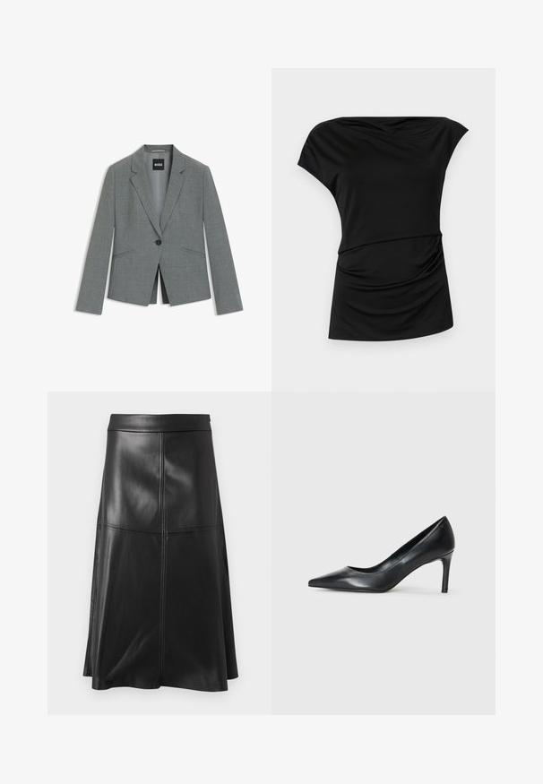 Grå blazer med et subtilt mønster, skræddersyet design, enkelt knaplukning, notch-lapper og to forlommer.; Sort kortærmet top med draperet halsudskæring, blød tekstur, samlet stofdetalje ved taljen og en afslappet silhuet.; Sort læder A-line nederdel med en glat tekstur, der har lodrette sømdetaljer og en talje. Kanten falder lige under knæet.; Sorte læder spidse pumps med en slank hæl, glat tekstur og ingen synlige udsmykninger. Rent design med en minimalistisk æstetik.
