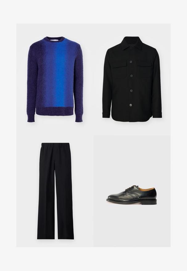 Fekete ingdzseki sima anyagból készült. Éles gallérral, elülső gombokkal és két mellzsebbel rendelkezik, fedéllel. Hosszú ujjakkal.; Kék és lila gradient pulóver, kerek nyakkivágással, texturált anyagból. Hosszú ujjak és bordázott alj jellemzi.; sandro LARGE - Nadrágok - noir; Fekete bőr dresszcipő sima felülettel, kerek orral és minimális fűzéssel. Diszkrét dizájn jellemzi, alacsony, masszív gumitalpakkal.