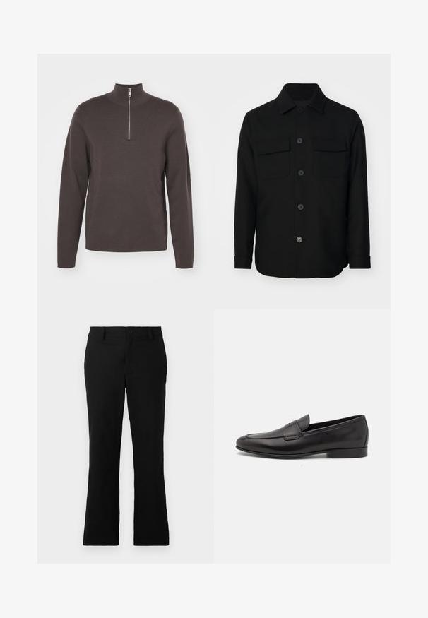 Crna košulja jakna izrađena od glatkog materijala. Ima oštar ovratnik, prednje dugmadi i dva džepa na prsima s preklopima. Dugi rukavi.; Tamnosivi pulover dugih rukava s visokim ovratnikom i zatvaranjem na pola munje. Izrađen od mekog, teksturiranog materijala. Jednostavan, minimalistički dizajn.; Crne trapezaste hlače od mješavine pamuka, sa kopčanjem na dugme, petljama za pojas i glatkom teksturom bez vidljivih uzoraka.; Crne kožne muške mokasine s niskom petom i klasičnim dizajnom trake za novčiće, prikazane u bočnom profilu na bijeloj pozadini.