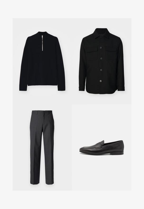 Veste noire en tissu lisse. Dotée d'un col pointu, de boutons sur le devant, et de deux poches poitrine avec rabats. Manches longues.; Haut noir à manches longues en matériau doux, avec un col montant et une fermeture éclair mi-haut à l'avant, d'une coupe décontractée.; Pantalons tailleur gris foncé, avec un design à plat sur le devant, des passants de ceinture et une coupe droite ; texture lisse, sans motifs visibles.; Mocassin pour homme en cuir noir avec un petit talon et un design classique à lanière penny, présenté en profil sur fond blanc.