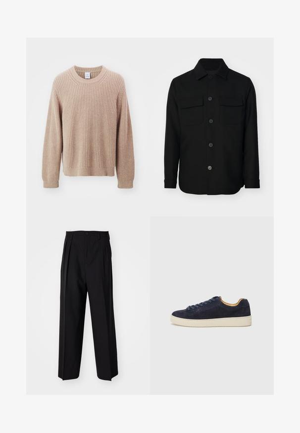 Giacca nera in tessuto liscio. Presenta un colletto a punta, bottoni frontali e due tasche sul petto con patte. Maniche lunghe.; Won Hundred BENTLEY - Maglione - taupe gray; Pantaloni neri a pieghe con un design dritto e gamba larga. Realizzati in tessuto morbido, con chiusura a bottone e passanti per cintura.; Sneaker bassa in suede blu navy con punta tondeggiante, suola in gomma bianca sporca e lacci abbinati; presenta un rivestimento interno a contrasto in tonalità tan.