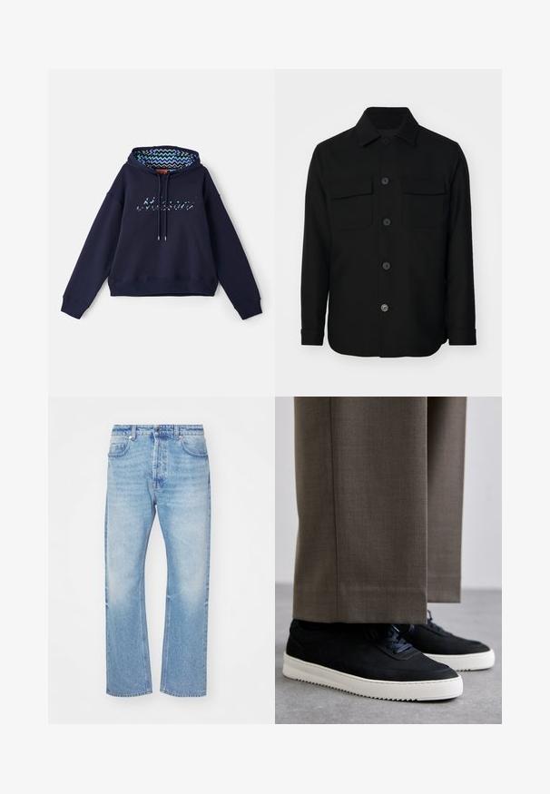 Must mustriga särk, mis on valmistatud siledast kangast. Omab teravat kaelust, esist muudatused ning kahte rinna taskut lipukestega. Pika varrukaga.; Tumedalt sinine kapuutsiga dressipluus, millel on iridesentsest "Missoni" logo, mustriga sisekapp, kus on lainelised kujundid, ja mugav renn.; Heled sinised teksad sirge jala kujundusega. Omavad õrna pleekimist, nupuga sulgemist ja viie tasku stiili klassikalise vöökoha ning välimusega.; Mustad suleed sneakers valge kummist tallaga, ümarate varvaste ja paeltega, kantud hallide ülikonna pükste kõrval.