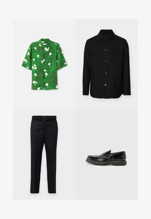 Chaqueta negra de camisa hecha de una tela suave. Presenta un collar puntiagudo, botones en la parte delantera y dos bolsillos en el pecho con solapas. Mangas largas.; Camisa de botones de manga corta en tela verde con estampado floral blanco, que presenta un cuello tipo campamento y un corte relajado. Material ligero y texturizado.; Los pantalones negros de corte ajustado presentan un tejido suave, un corte recto y una cintura con cinturón y hebilla rectangular. Las pliegues frontales notables realzan el diseño.; Mocasín de cuero negro con un acabado brillante, punta redondeada, detalles de costura sutiles y una suela de goma gruesa para mayor durabilidad.